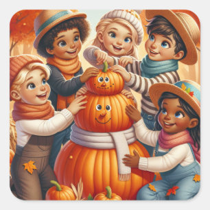 Cute Halloween Kids Make Pumpkin Snowman Square Sticker