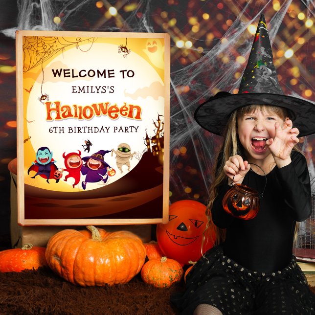 Cute Halloween Kids Orange Birthday Party Welcome Poster (Creator Uploaded)