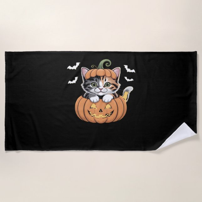 Cute Halloween Kitten in a Pumpkin Classic T-Shirt Beach Towel (Front)