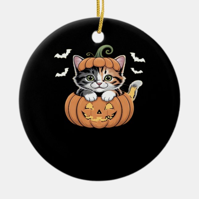 Cute Halloween Kitten in a Pumpkin Classic T-Shirt Ceramic Ornament (Front)