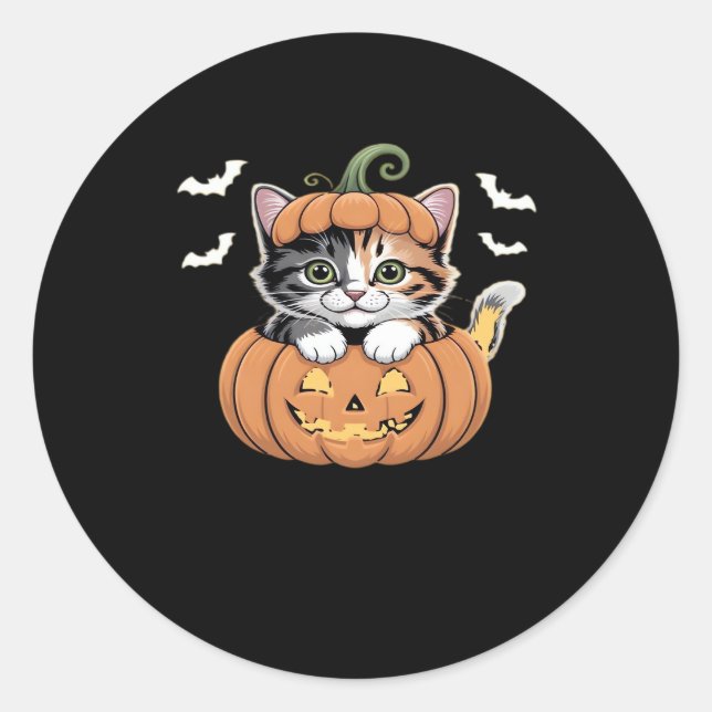 Cute Halloween Kitten in a Pumpkin Classic T-Shirt Classic Round Sticker (Front)