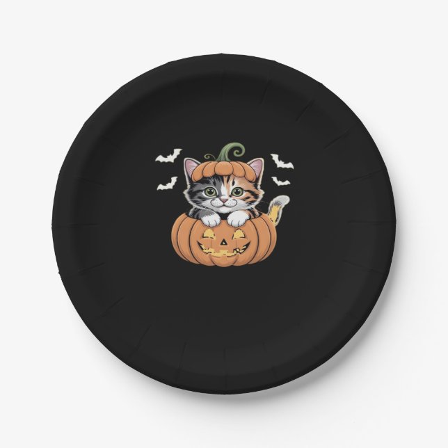Cute Halloween Kitten in a Pumpkin Classic T-Shirt Paper Plate (Front)