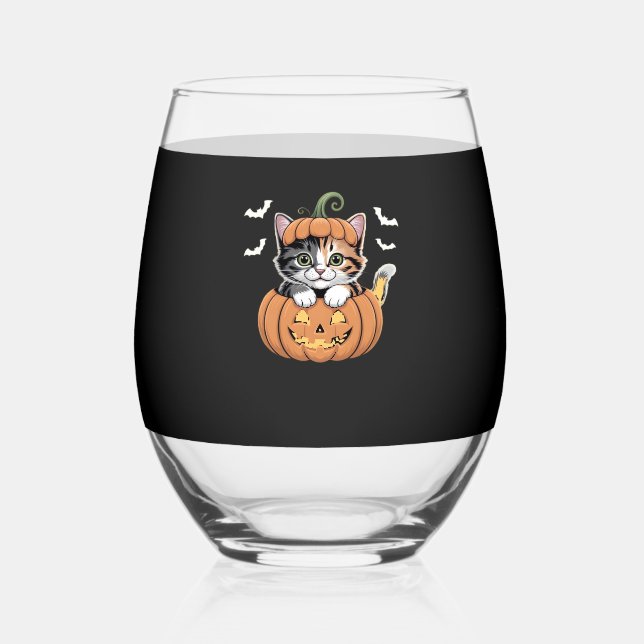 Cute Halloween Kitten in a Pumpkin Classic T-Shirt Stemless Wine Glass (Front)