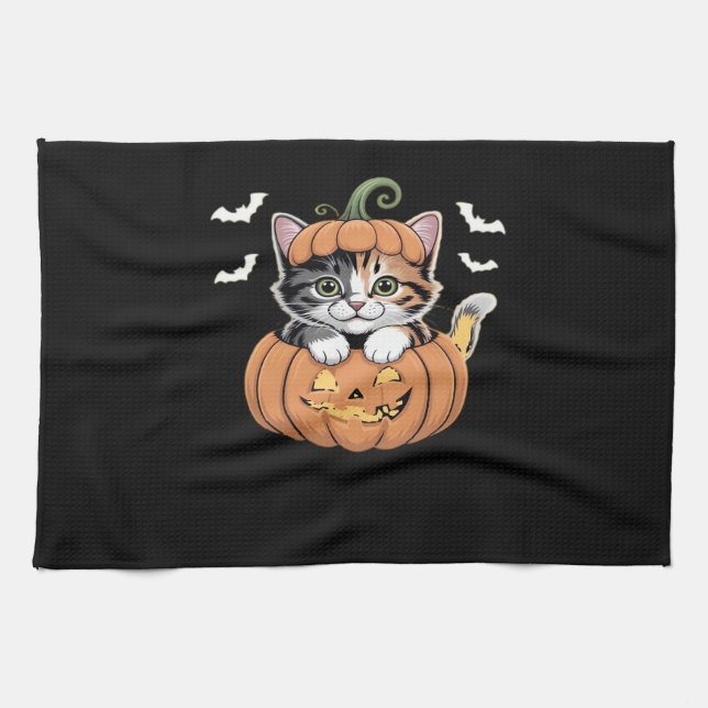 Cute Halloween Kitten in a Pumpkin Classic T-Shirt Tea Towel (Horizontal)