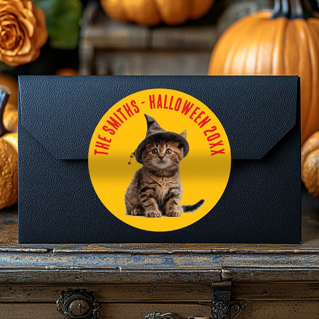 Cute Halloween Kitten In Witch Hat Party Favour Classic Round Sticker (Creator Uploaded)
