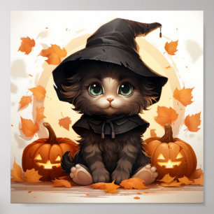 Cute Halloween Kitten Witch, Leaves And Pumpkins Poster