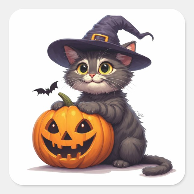 Cute Halloween Kitten With Witch Hat 🎃 Square Sticker (Front)