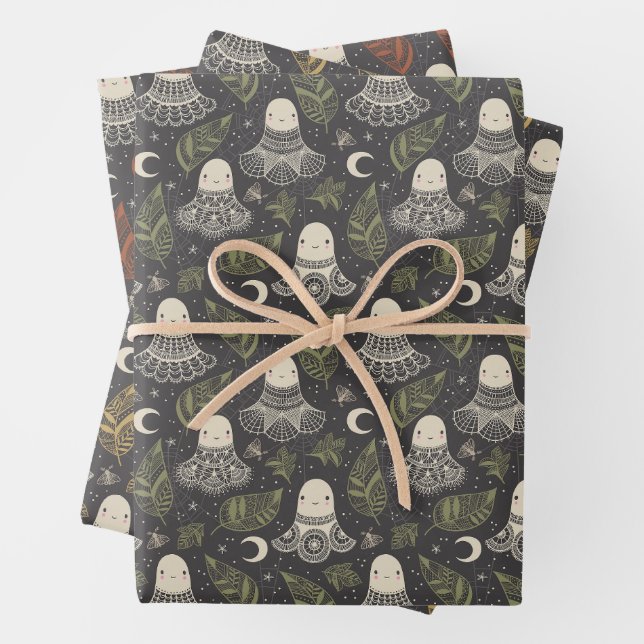 Cute Halloween Lace Ghosts Set of Three Wrapping Paper Sheet (In situ)