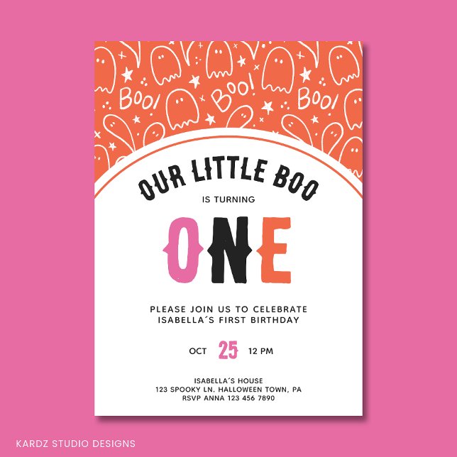 Cute Halloween Little Boo Girl First Birthday Invitation (First Birthday Party Invitation for a Little Boo. In pink orange and black Halloween colors.)