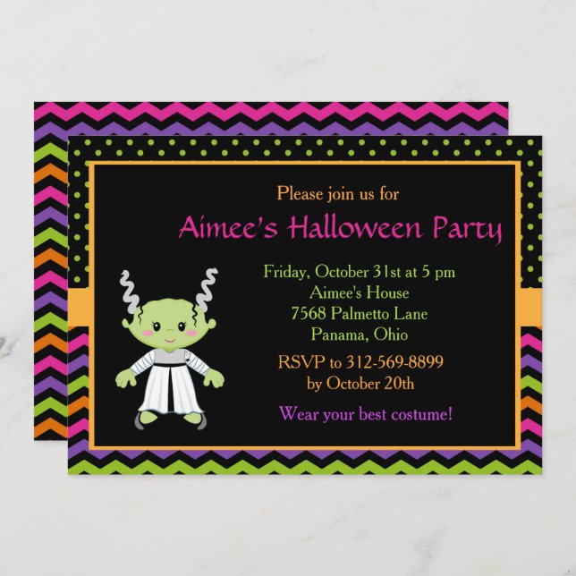 Cute Halloween Monster Girl Halloween Party Invitation (Front/Back)