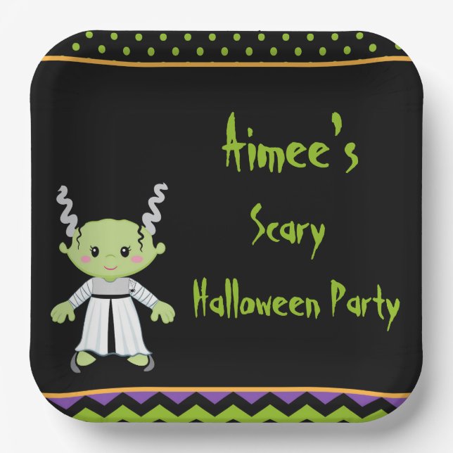 Cute Halloween Monster Girl Halloween Party Paper Plate (Front)