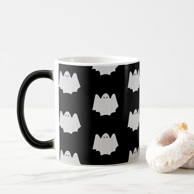 Cute Halloween Mug - Black and White Ghost Pattern (With Donut)