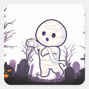 Cute Halloween Mummy in Spooky Graveyard – Funny & Square Sticker