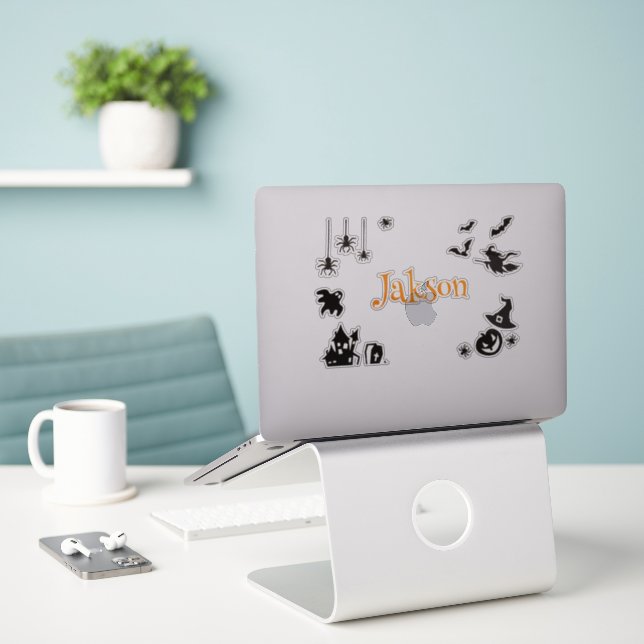 Cute Halloween Name Sticker – Personalised Spooky  (Laptop On Desk)