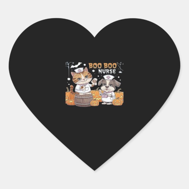 Cute Halloween Nurse Cat and Dog with Pumpkins Cla Heart Sticker (Front)