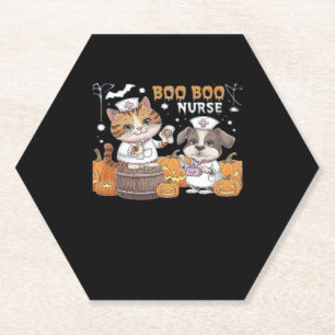 Cute Halloween Nurse Cat and Dog with Pumpkins Cla Paper Coaster