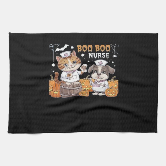 Cute Halloween Nurse Cat and Dog with Pumpkins Cla Tea Towel (Horizontal)