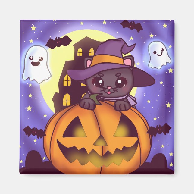 Cute Halloween October Witch Cat Magnet (Front)