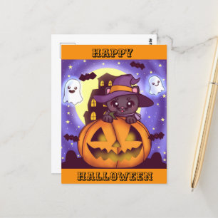 Cute Halloween October Witch Cat Postcard