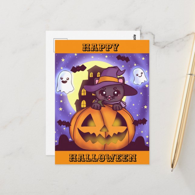 Cute Halloween October Witch Cat Postcard (Front/Back In Situ)