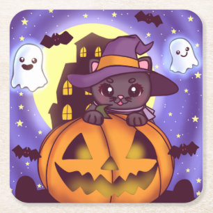 Cute Halloween October Witch Cat Square Paper Coaster