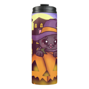 Cute Halloween October Witch Cat Thermal Tumbler