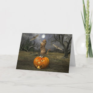 Cute Halloween Orange Cat Batting Bats Card