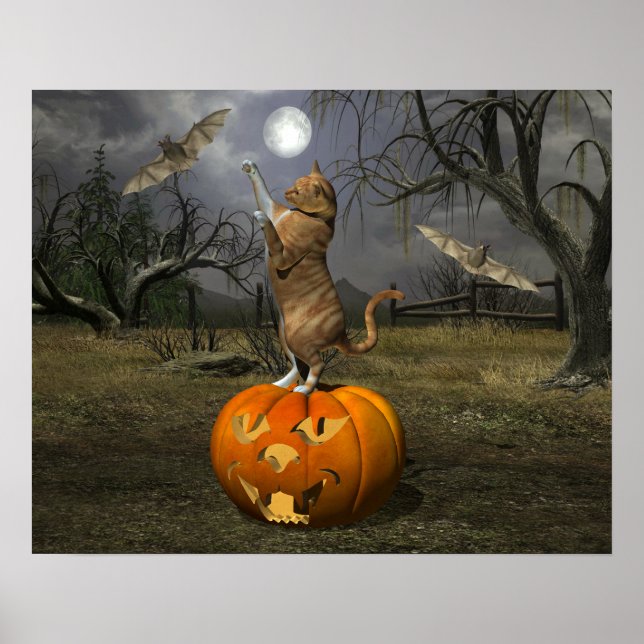 Cute Halloween Orange Cat Batting Bats Poster (Front)