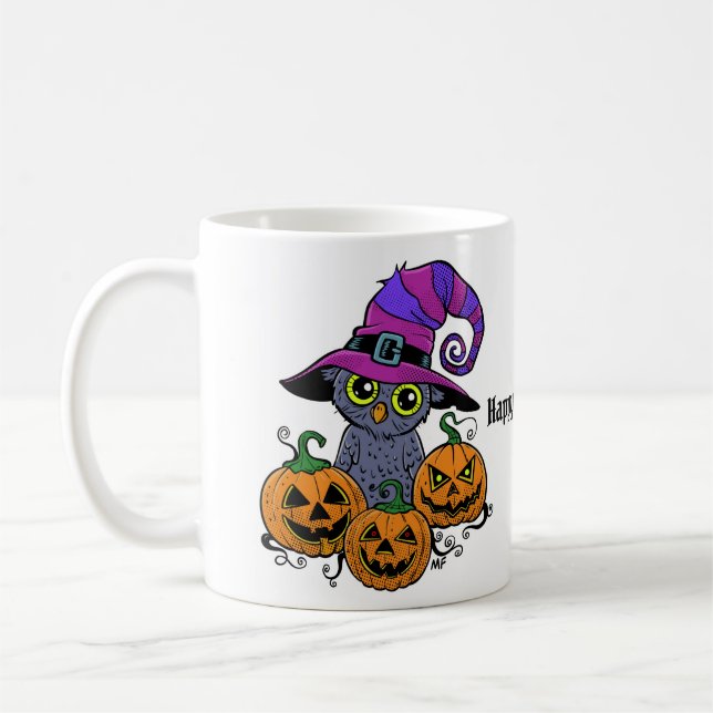 Cute Halloween owl and pumpkins humour Coffee Mug (Left)