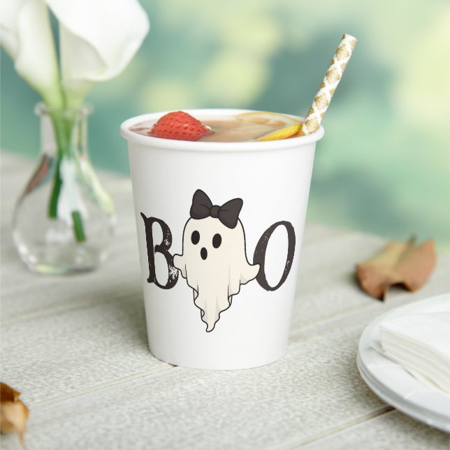 Cute Halloween Paper Cup – "Boo" Ghost with Bow (Insitu)