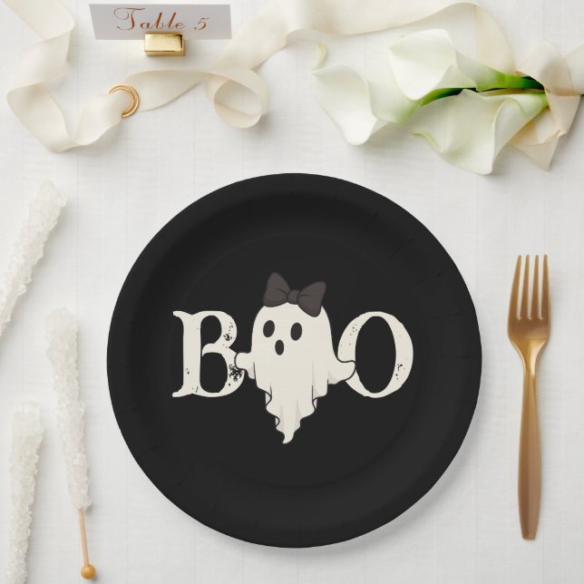 Cute Halloween Paper Plates – "Boo" Ghost with Bow (Wedding)
