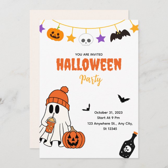 Cute Halloween Party Invitation with Ghost (Front/Back)