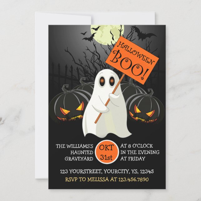 Cute Halloween party invitation with ghost and bat (Front)
