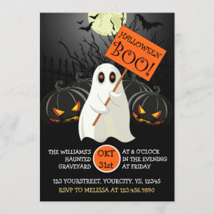Cute Halloween party invitation with ghost and bat