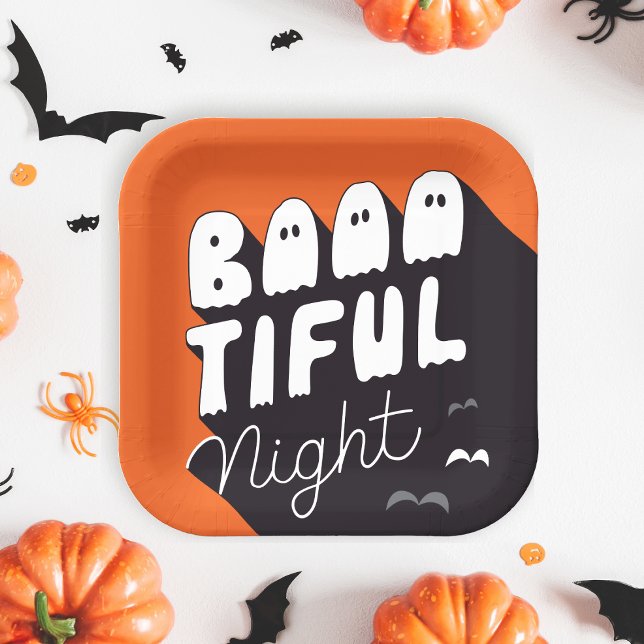 Cute Halloween Party Paper Plates (Boo-tiful night, Kids Halloween Party plate, with ghosts letters.)