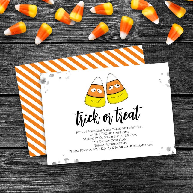 Cute Halloween Party Trick or Treat Candy Invitation (Cute trick or treat candy corn Halloween invitation. )