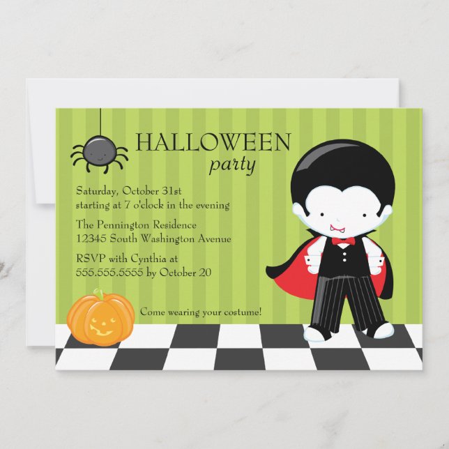 Cute Halloween party vampire and spider invitation (Front)