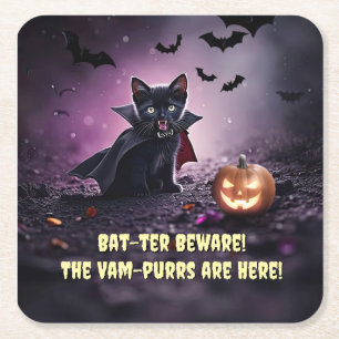 Cute Halloween Party with Black Cat Vampire Square Paper Coaster
