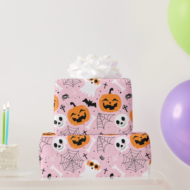 Cute Halloween Pattern Jack-o-Lantern Ghost Pink Wrapping Paper (Party Gifts)