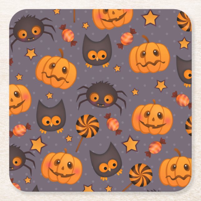 Cute Halloween Pattern Purple Background Square Paper Coaster (Front)