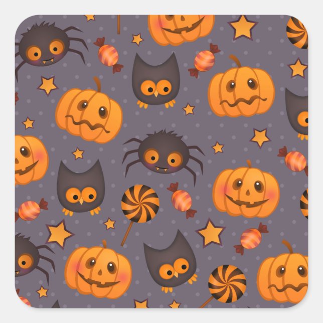 Cute Halloween Pattern Purple Background Square Sticker (Front)