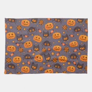 Cute Halloween Pattern Purple Background Tea Towel
