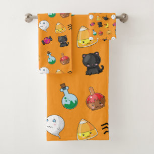Cute Halloween Pattern with orange background Bath Towel Set