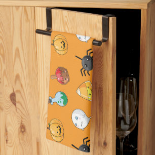 Cute Halloween Pattern with orange background Tea Towel