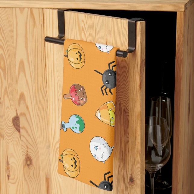 Cute Halloween Pattern with orange background Tea Towel (Thirds Fold)