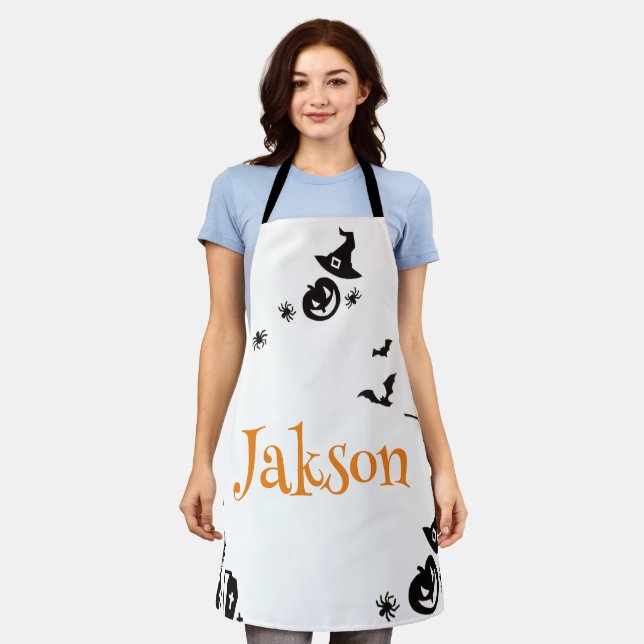 Cute Halloween Personalised Name Apron – Festive  (Worn)