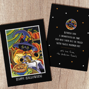 Cute Halloween Pie Witch Black Cat Mouse Fun Flat Card