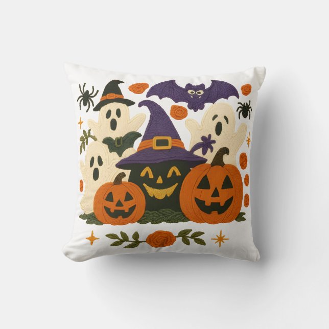 Cute Halloween Pillow – Adorable Ghosts, Pumpkins  (Front)