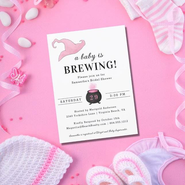 Cute Halloween Pink a Baby Is Brewing Baby Shower  Invitation (Creator Uploaded)