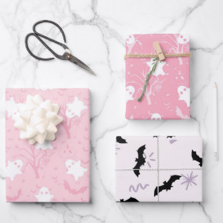 Cute halloween pink ghost and bat wrapping paper sheet